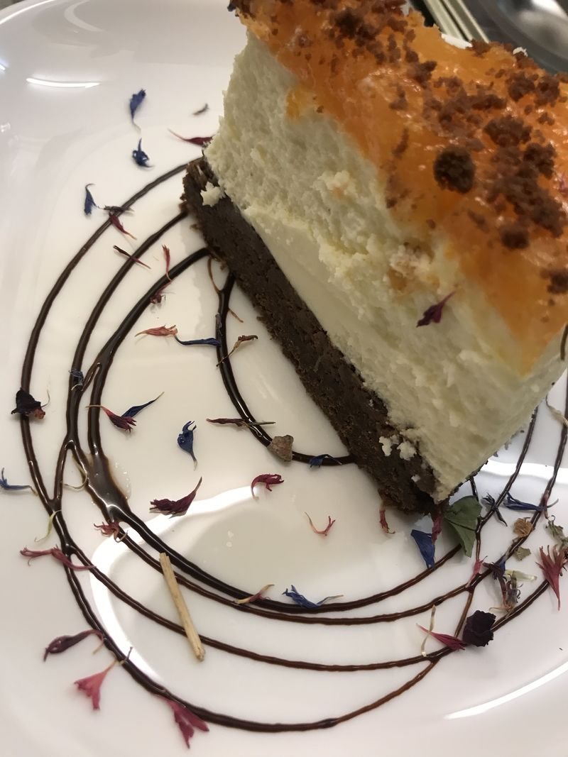 Ein Stück Sacher-Cheesecake auf einem Teller, mit Schokolade verziert
