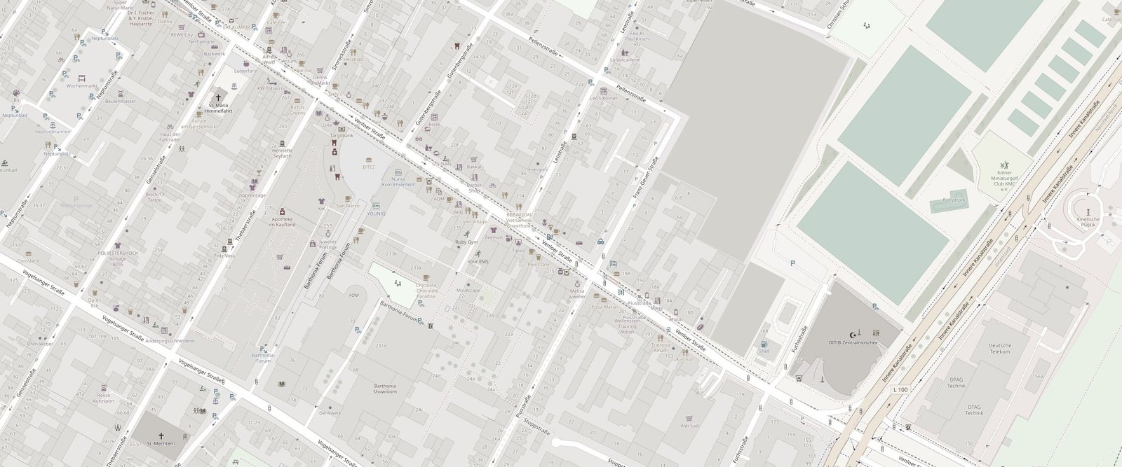 Stadtplan von Köln-Ehrenfeld mit dem Verlauf der Venloer Straße